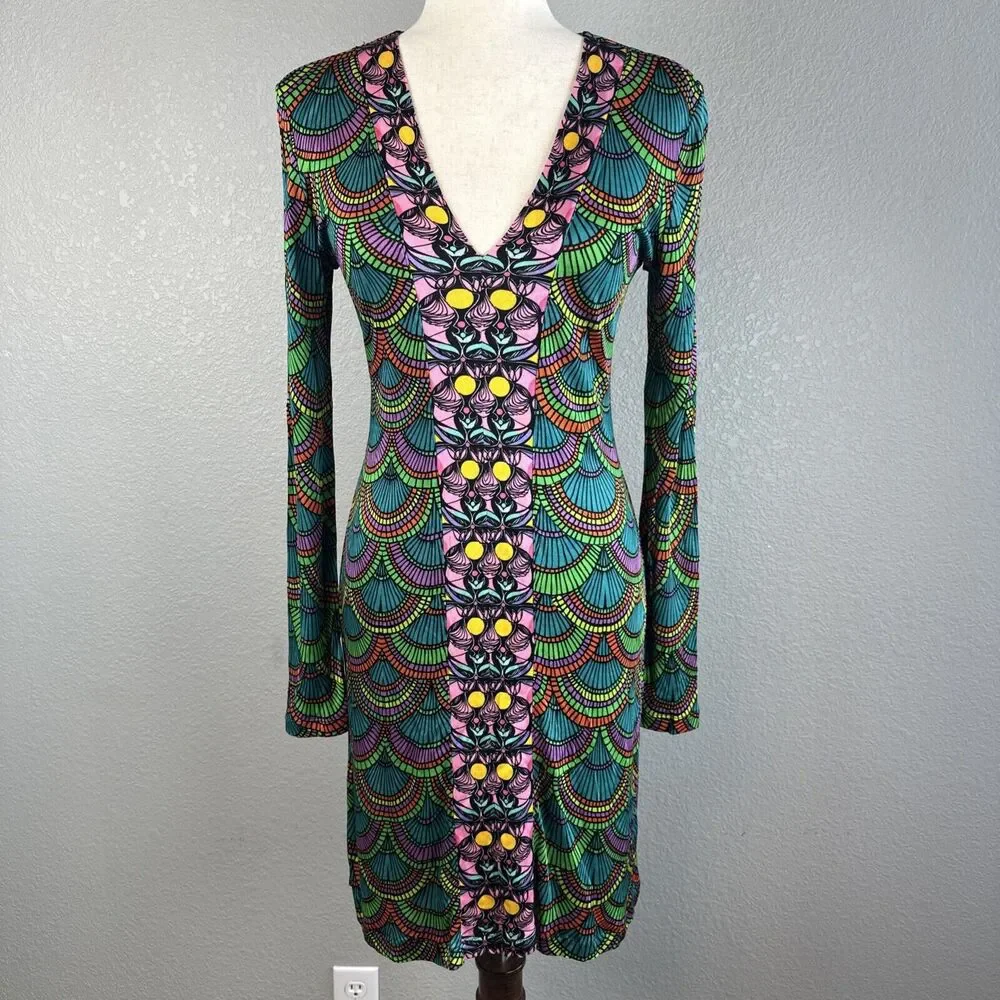 Custo Barcelona Long Sleeve Mini Dress Size 1 S Colorful Geometric Jersey V-Neck - Picture 1 of 6